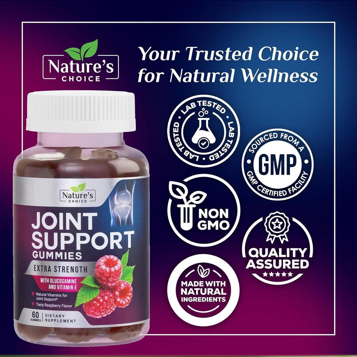 Joint Support Gummies - Extra Strength Glucosamine Gummy Supplement with Vitamin E - Natural Cartilage Joint Health & Flexibility Support, Best Support Glucosamine Chew for Men & Women - 60 Gummies
