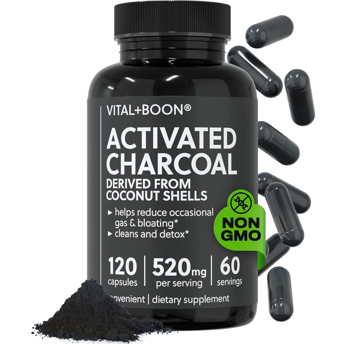 Vital+Boon Activated Charcoal Pills – Derived from Coconut Shells – Black Charcoal Binder for Stomach, Gas & Bloating Relief – Gluten Free Vegetarian Active Carbon to Support Detox (120 Capsules)