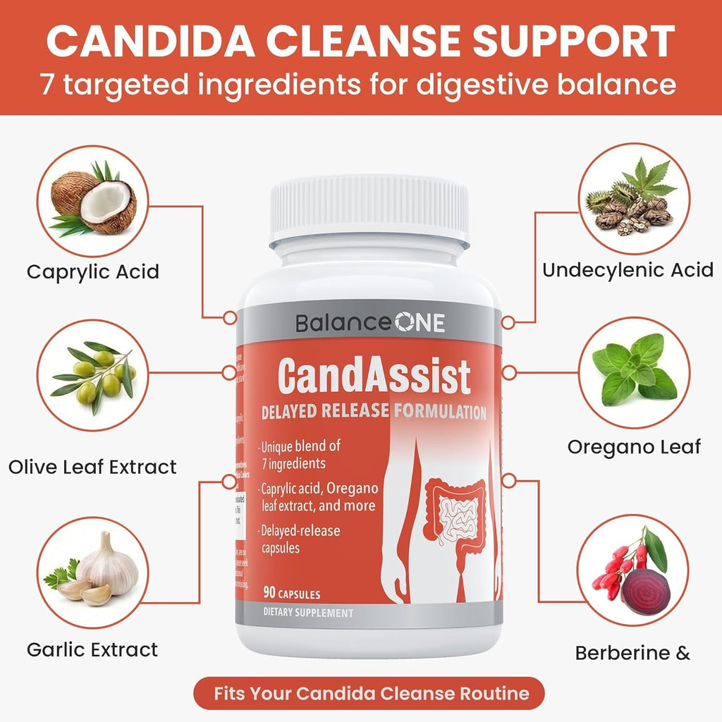 Balance ONE Candida Cleanse & Detox Supplement for Women & Men – Yeast Support with Caprylic Acid, Oregano, Berberine & Undecylenic Acid – 90 Delayed Release Capsules – Candassist