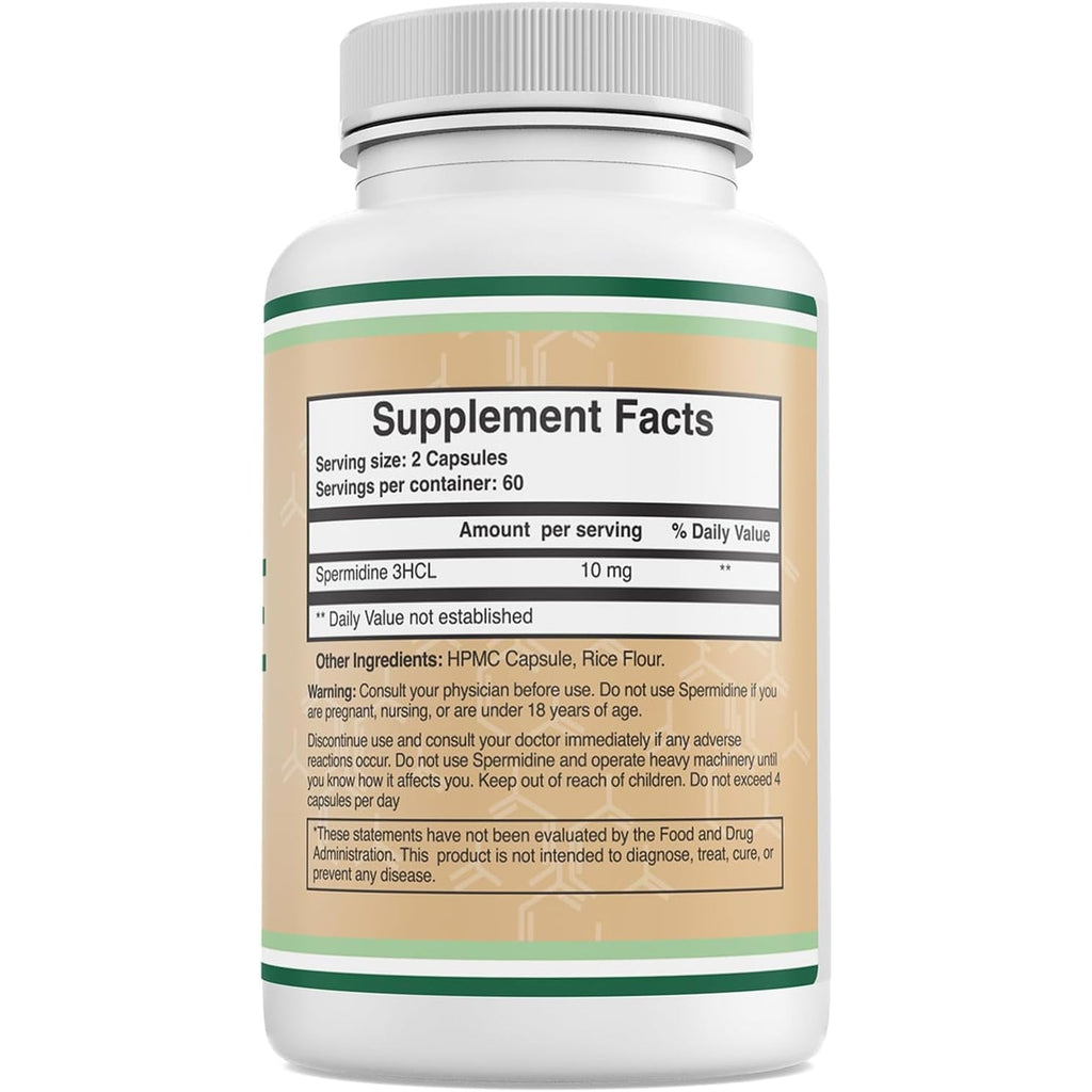 Spermidine Supplement (10Mg of 99% Spermidine 3HCL - Third Party Tested) 120 Capsules - over 100X More Potent than Wheat Germ Extract for Cell Membrane, Telomere Health and Aging by Double Wood