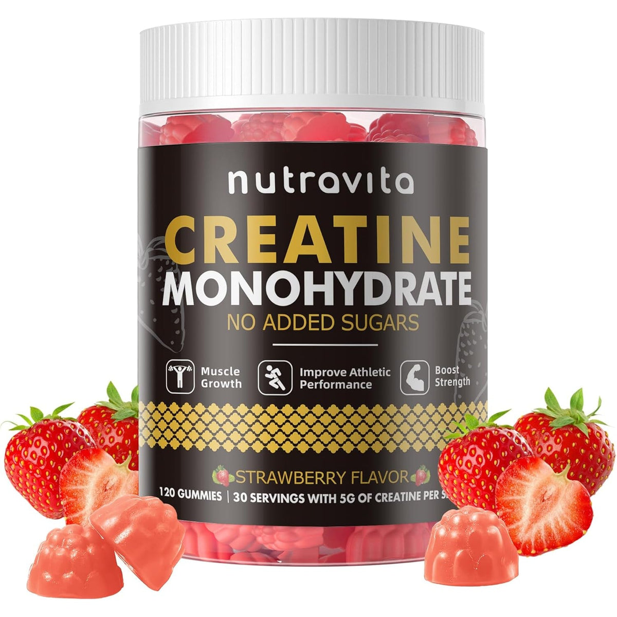 Nutravita NSF Certified Creatine Gummy - Creatine Monohydrate Gummies for Men & Women-5G of Creatine Monohydrate per Serving - Sugar Free,Vegan, Strawberry Flavor, 120 Count