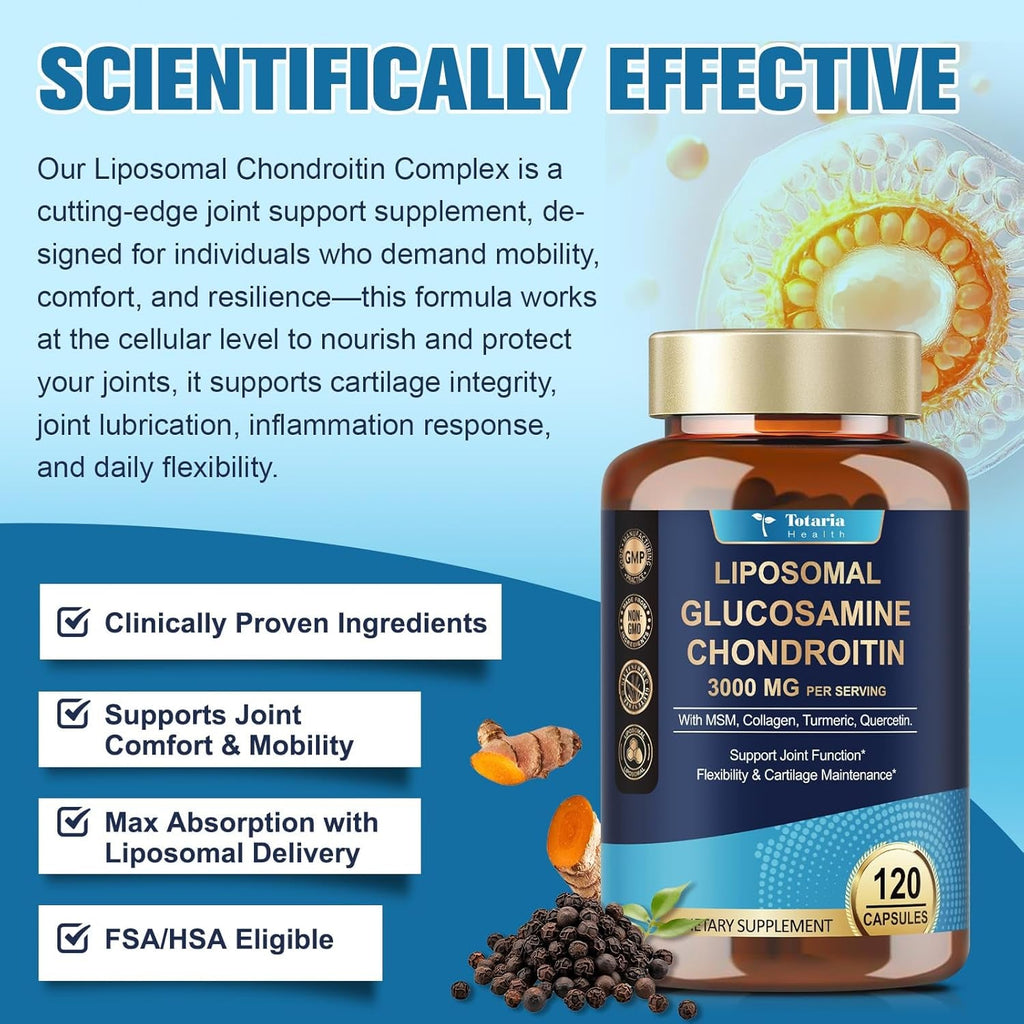 Totaria Liposomal Glucosamine Chondroitin MSM Collagen | 3000 MG | Joint Support Supplement Bone Health Support Flexibility & Cartilage Maintenance for Men & Woman Supplement, Non-Gmo