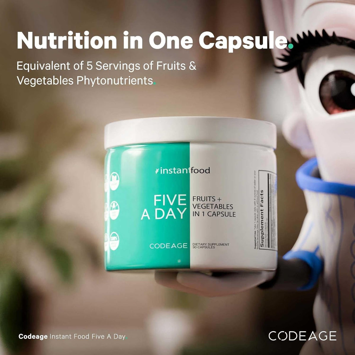 Codeage Instantfood Five a Day – Fruits & Vegetables Capsule Supplement – Whole Food Phytonutrients – 15 Fruits and Veggies Blend - Vegan, Non-Gmo – 30 Capsules