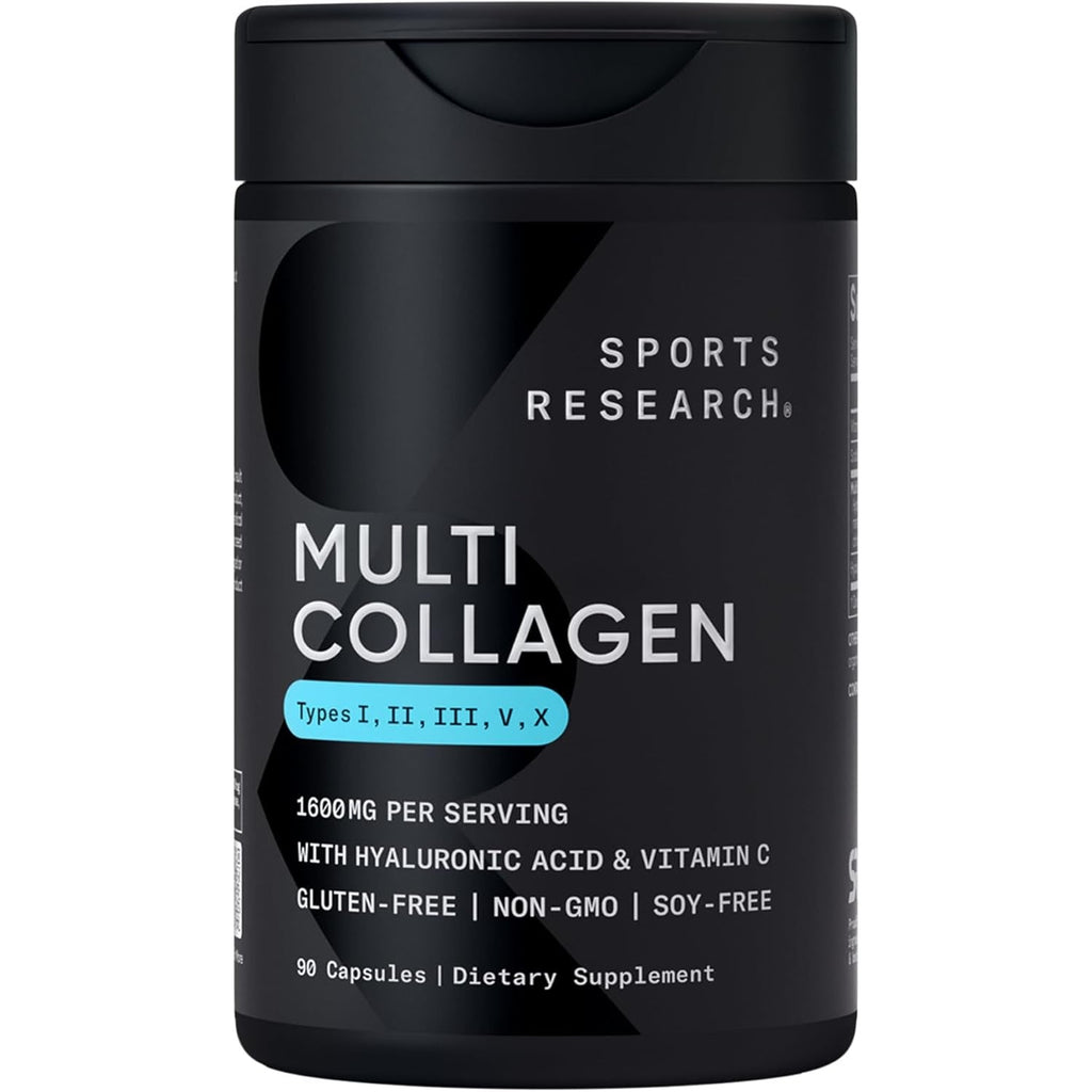 Sports Research® Multi Collagen Pills for Women & Men - Collagen Peptides (Type I, II, III, V, X) Enhanced with Hyaluronic Acid & Vitamin C - Gluten Free ­· Non-Gmo - 90 Capsules