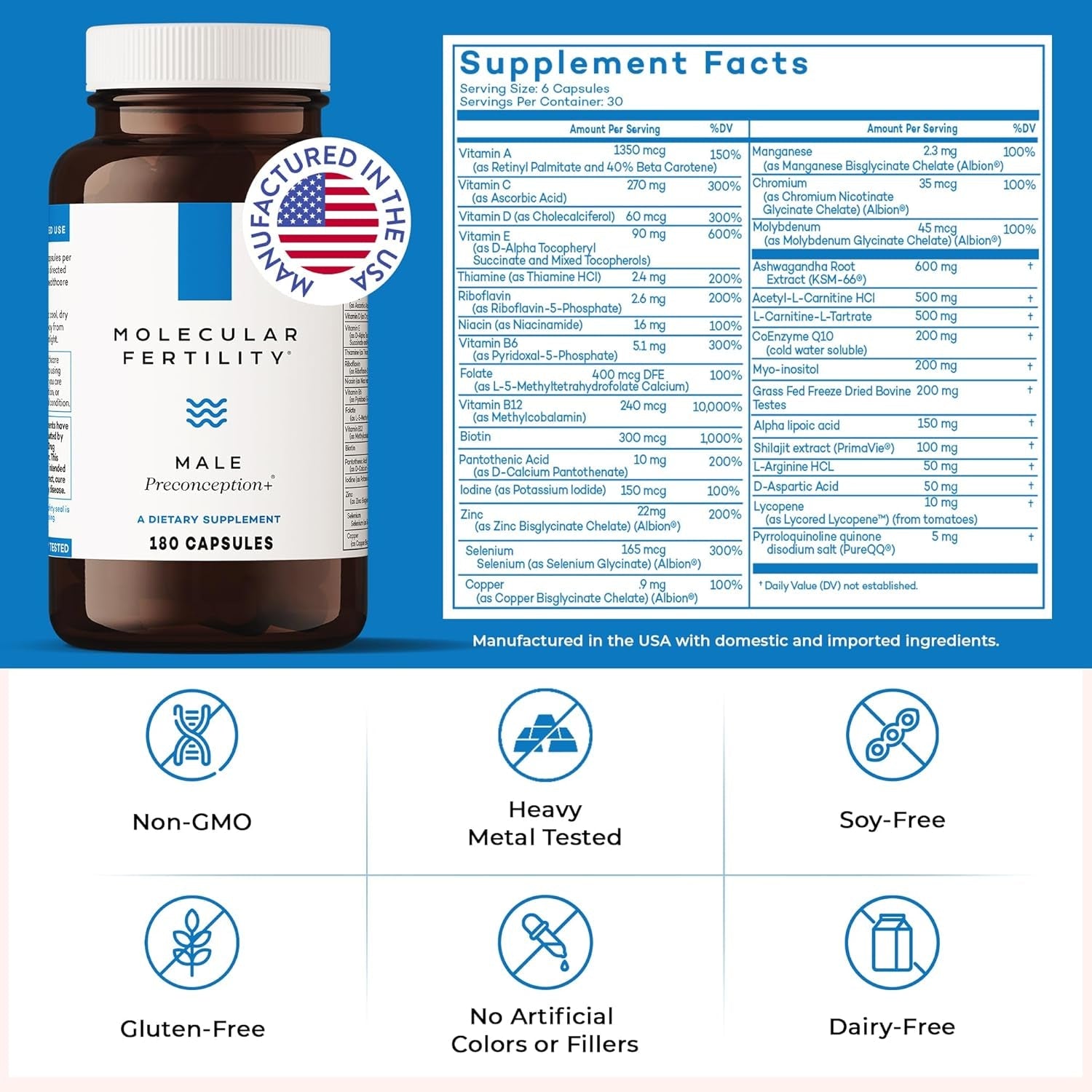 Male Preconception+ Fertility Supplements for Men - Reproductive Cell & Fertility Support - Conception for Him - Coq10, Ashwagandha, Shilajit, DAA, Zinc, Selenium - 30 Day Supply