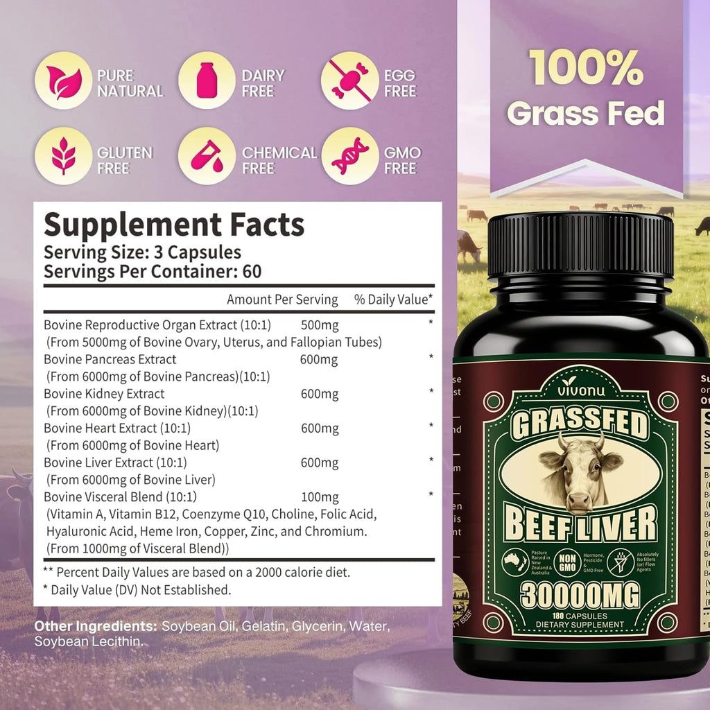 Vivonu Beef Organ Supplement for Women, per Serving Beef Organs with Bovine Liver, Ovary, Uterus, Kidney, Heart, Bone & More, 100% Grass Fed, Balance Hormones*, Energy* (180 Capsules)