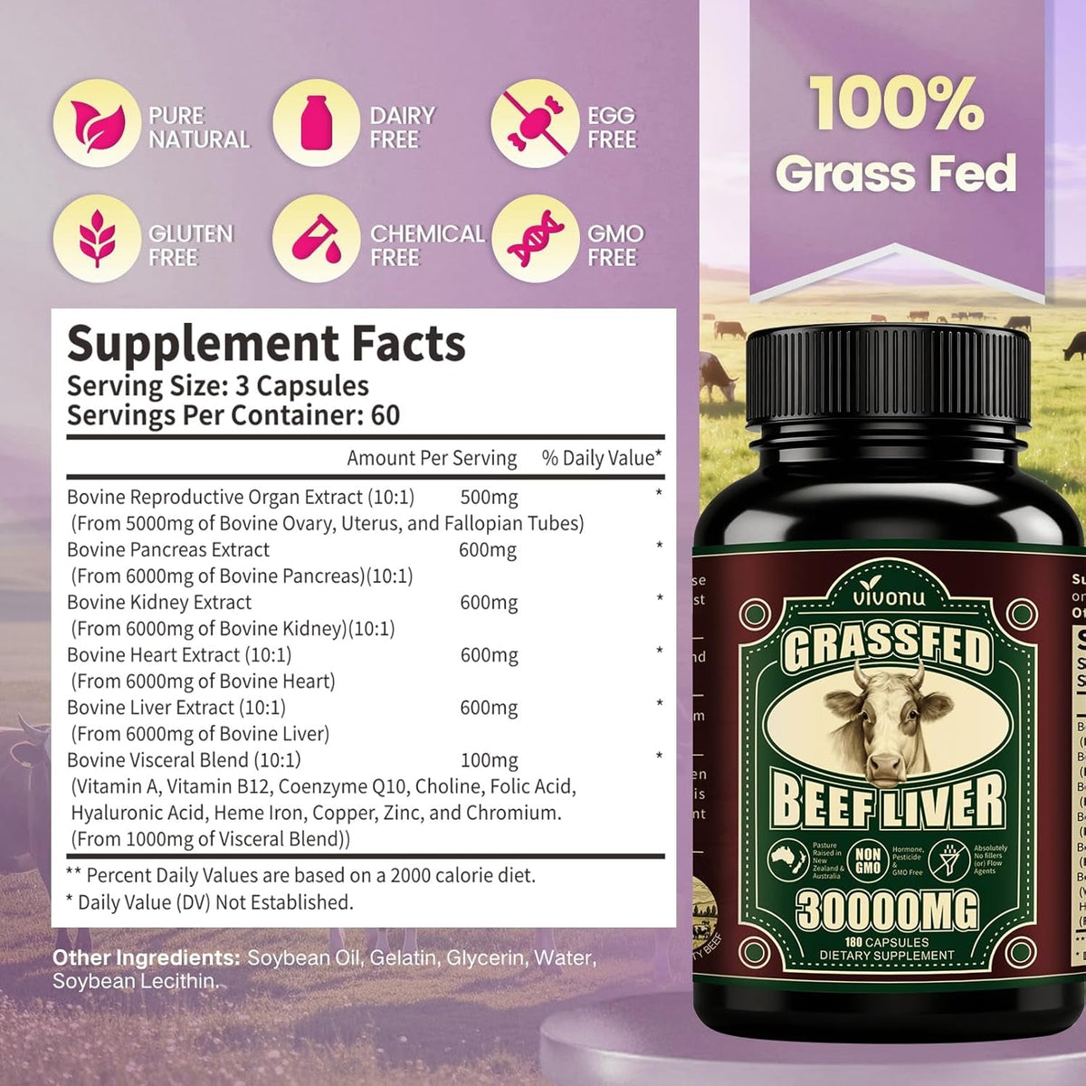 Vivonu Beef Organ Supplement for Women, per Serving Beef Organs with Bovine Liver, Ovary, Uterus, Kidney, Heart, Bone & More, 100% Grass Fed, Balance Hormones*, Energy* (180 Capsules)