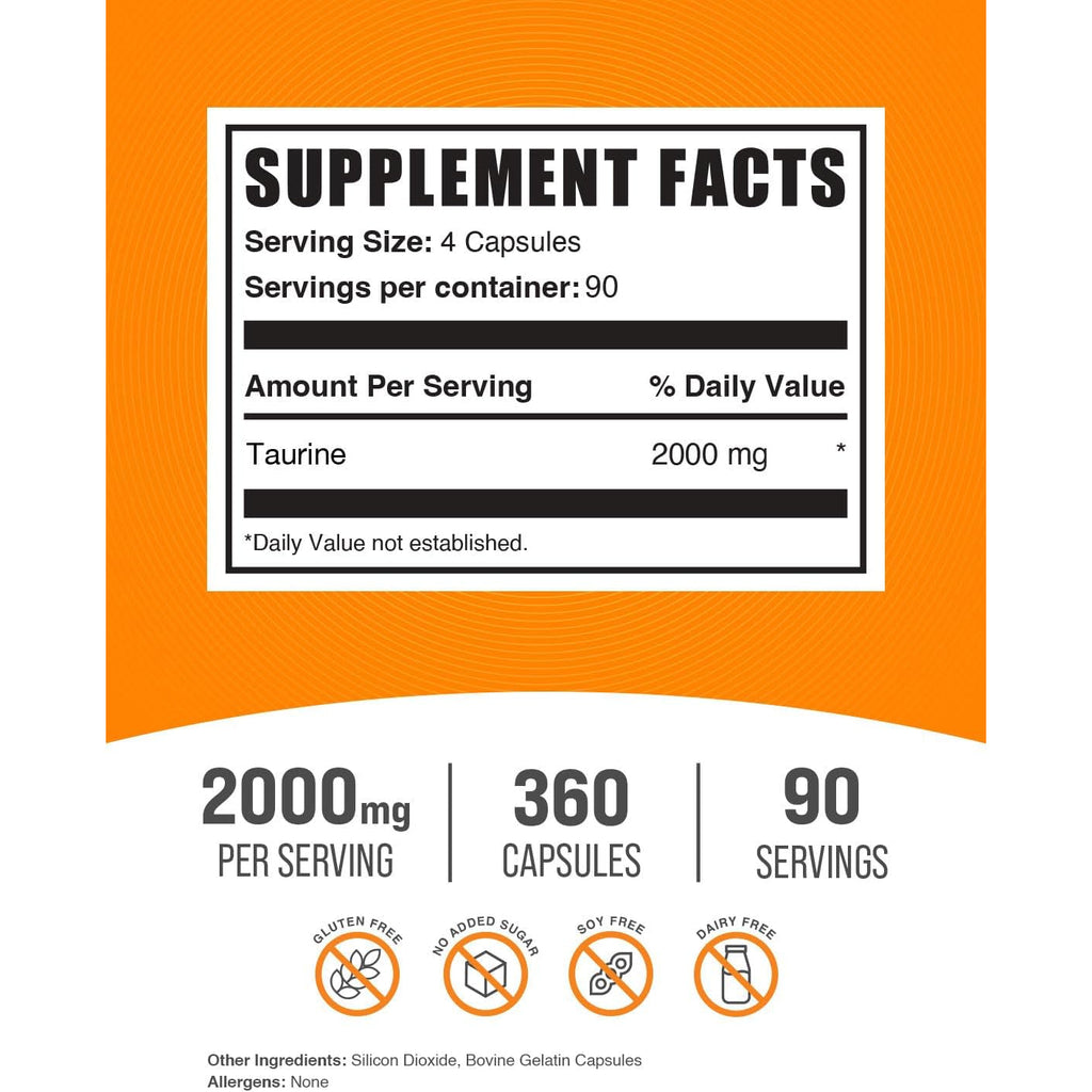 Bulksupplements.Com Taurine Capsules - Taurine Supplement, Taurine 2000Mg, Amino Acids for Heart Health, Taurine Pills - Gluten Free, 4 Taurine 500Mg Capsules per Serving (2000Mg), 360 Capsules