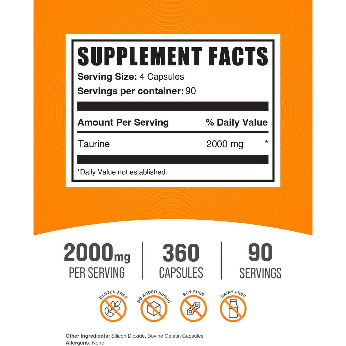 Bulksupplements.Com Taurine Capsules - Taurine Supplement, Taurine 2000Mg, Amino Acids for Heart Health, Taurine Pills - Gluten Free, 4 Taurine 500Mg Capsules per Serving (2000Mg), 360 Capsules