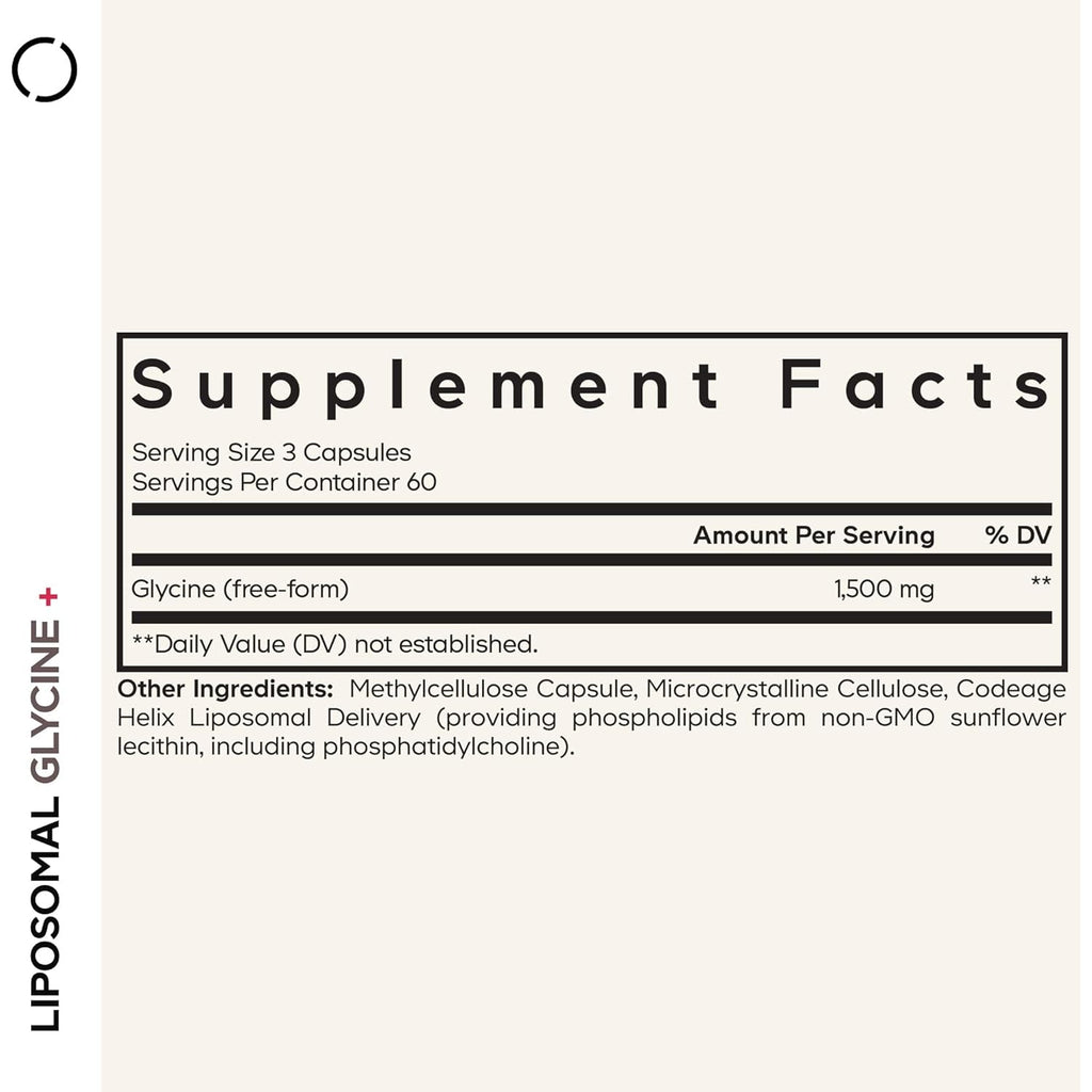Codeage Liposomal Glycine+ – 1,500 Mg Free-Form Glycine Supplement with Liposomal Delivery, Amino Acid Support, 2-Month Supply – 180 Capsules