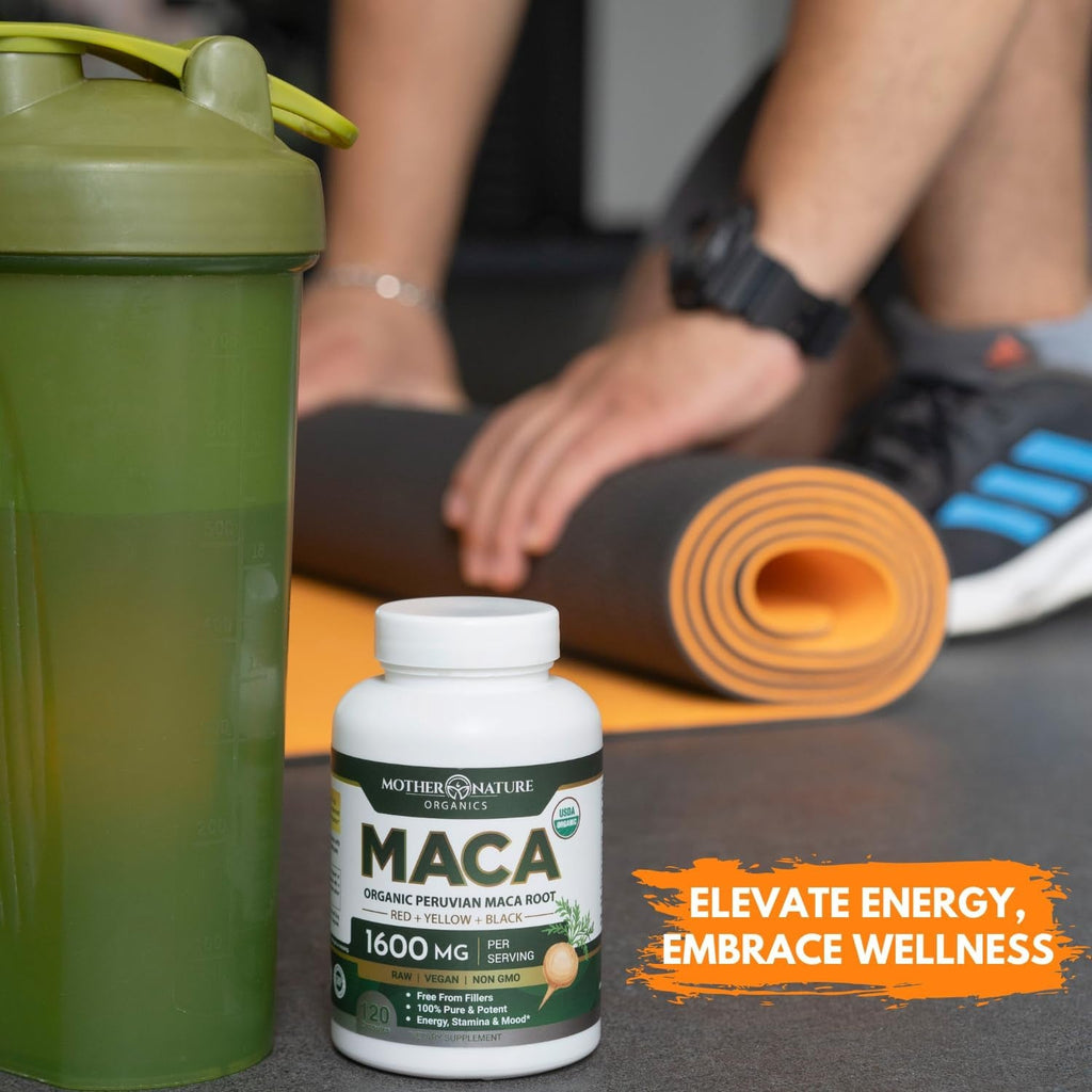 Mother Nature Organic Maca Root Capsules – 1600Mg, 120 Vegan Capsules – Non GMO Peruvian Yellow, Red & Black Maca for Men & Women - Energy, Hormone, Brain & Weight Well-Being