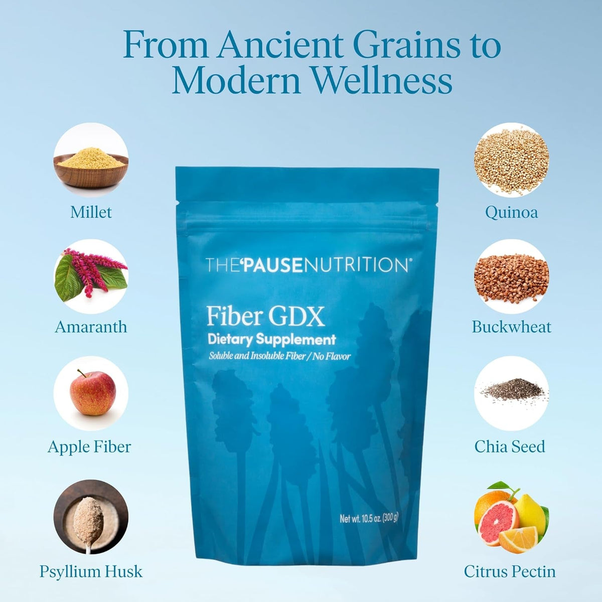 The 'Pause Life Fiber GDX, Gluten Free Chia Seed & Quinoa Blend, Monk Fruit Sweetened, Natural Plant Based Dietary Fiber, Energy and Digestive Support, Unflavored, 1 Pack, 10.5 OZ