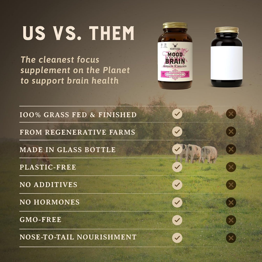 HEART & SOIL – 100% Grass Fed & Finished Beef Brain Supplement from Regenerative Cattle – for Cognitive Function & Memory – 3000Mg Focus Supplement with Beef Organs – Glass Bottle – 180 Capsules