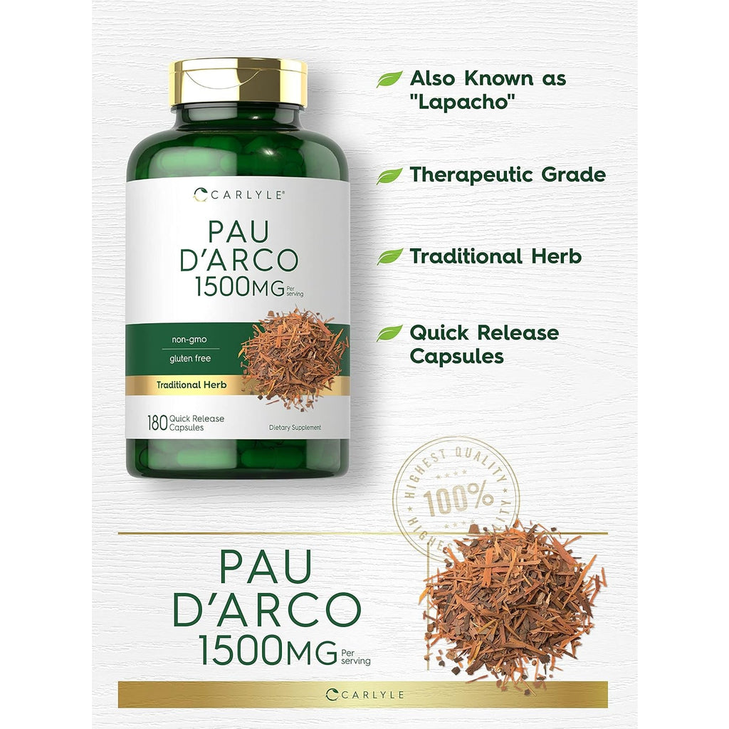 Carlyle PAU D'Arco Capsules | 1500Mg | 180 Count | Herbal Supplement | Non-Gmo, Gluten Free