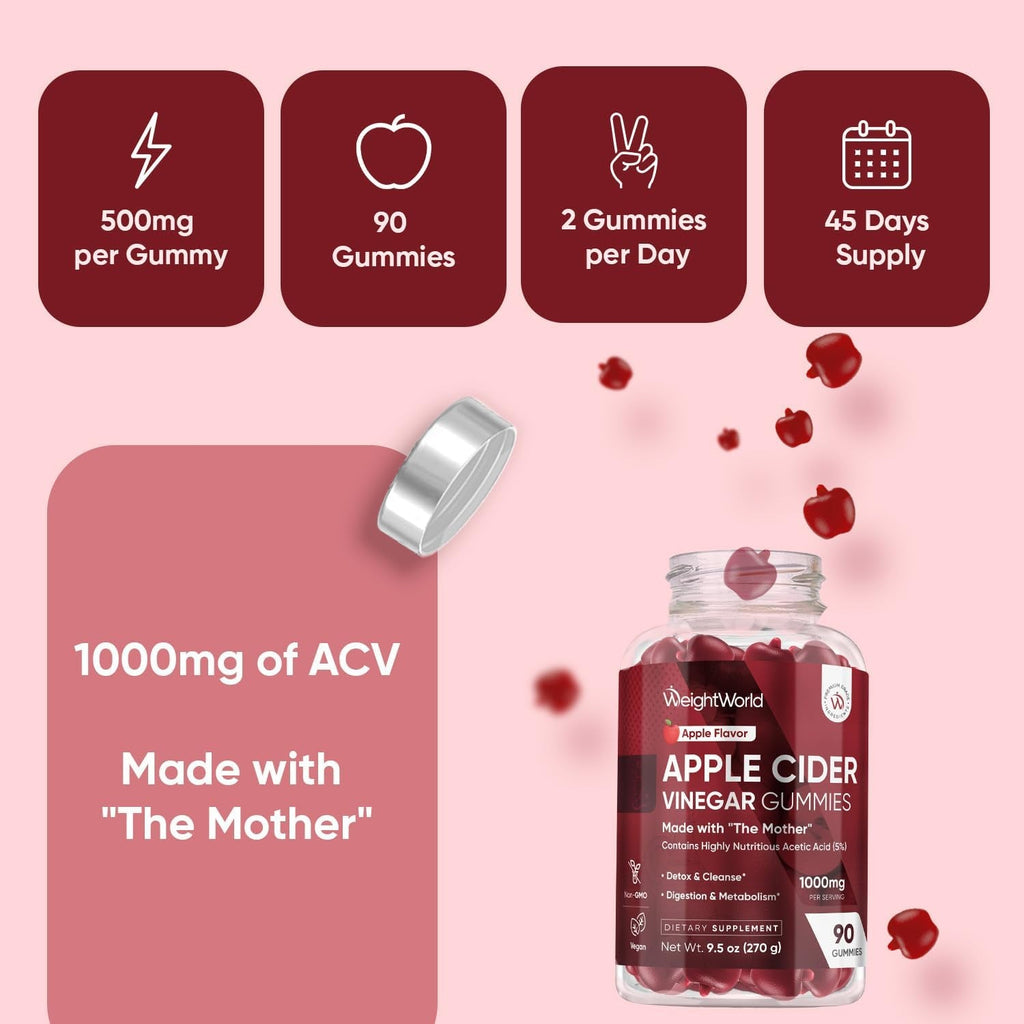 Weightworld Apple Cider Vinegar Gummies 1000Mg with the Mother + VIT C, B12-9-6, Beetroot | ACV Gummies - Digestion, Metabolism, Detox & Cleanse | Vegan Apple Cider Vinegar with Mother, 90 Count
