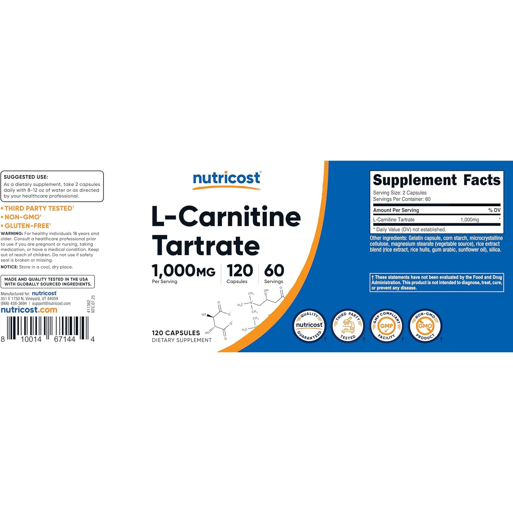 Nutricost L-Carnitine Tartrate 1000Mg, 120 Capsules - 500Mg per Capsule (60 Servings)
