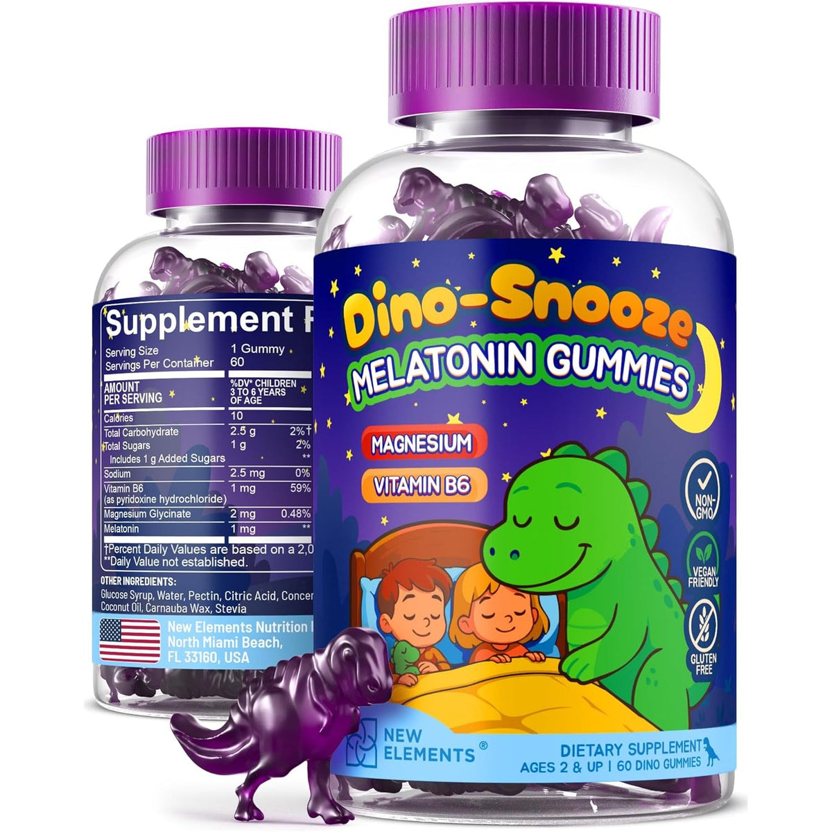 New Elements Melatonin Gummies Kids 2Mg with Magnesium Glycinate & Vitamin B6 | Sleep Gummies for Kids | Dinosaur-Shaped Sleep Support | Natural Grape Flavor | Sugar Free | Non-Gmo | Gluten Free