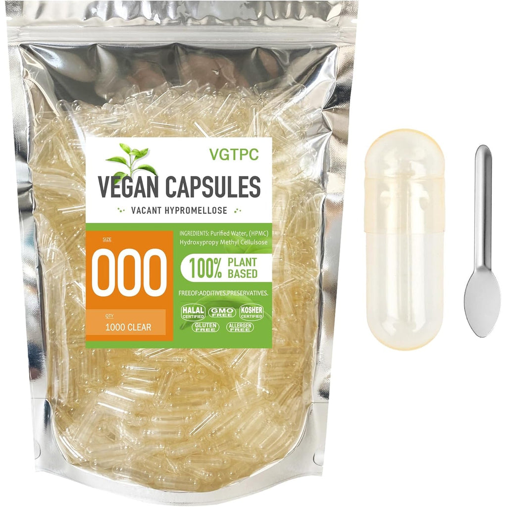 Size 000 Empty Vegetarian Capsules, (1000 Count) Vegan Clear Fillable Veggie Pill Capsules for DIY Supplement Filling