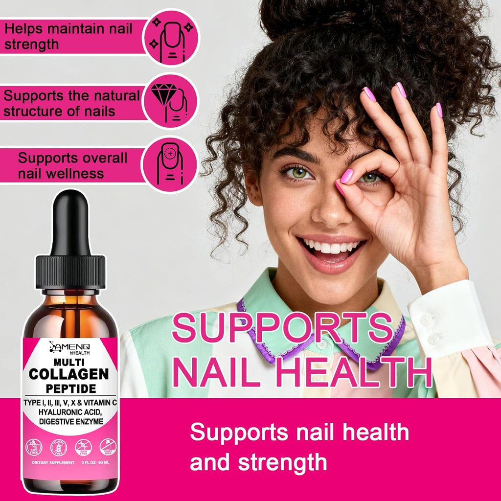 Multi Collagen Peptides Liquid Drops for Women & Men, Hydrolyzed Collagen Peptides Type (I, II, III, V, X)Proteins Complex W. Hyaluronic Acid, Biotin & Vitamin C, Support Hair Skin Joint & Gut Health