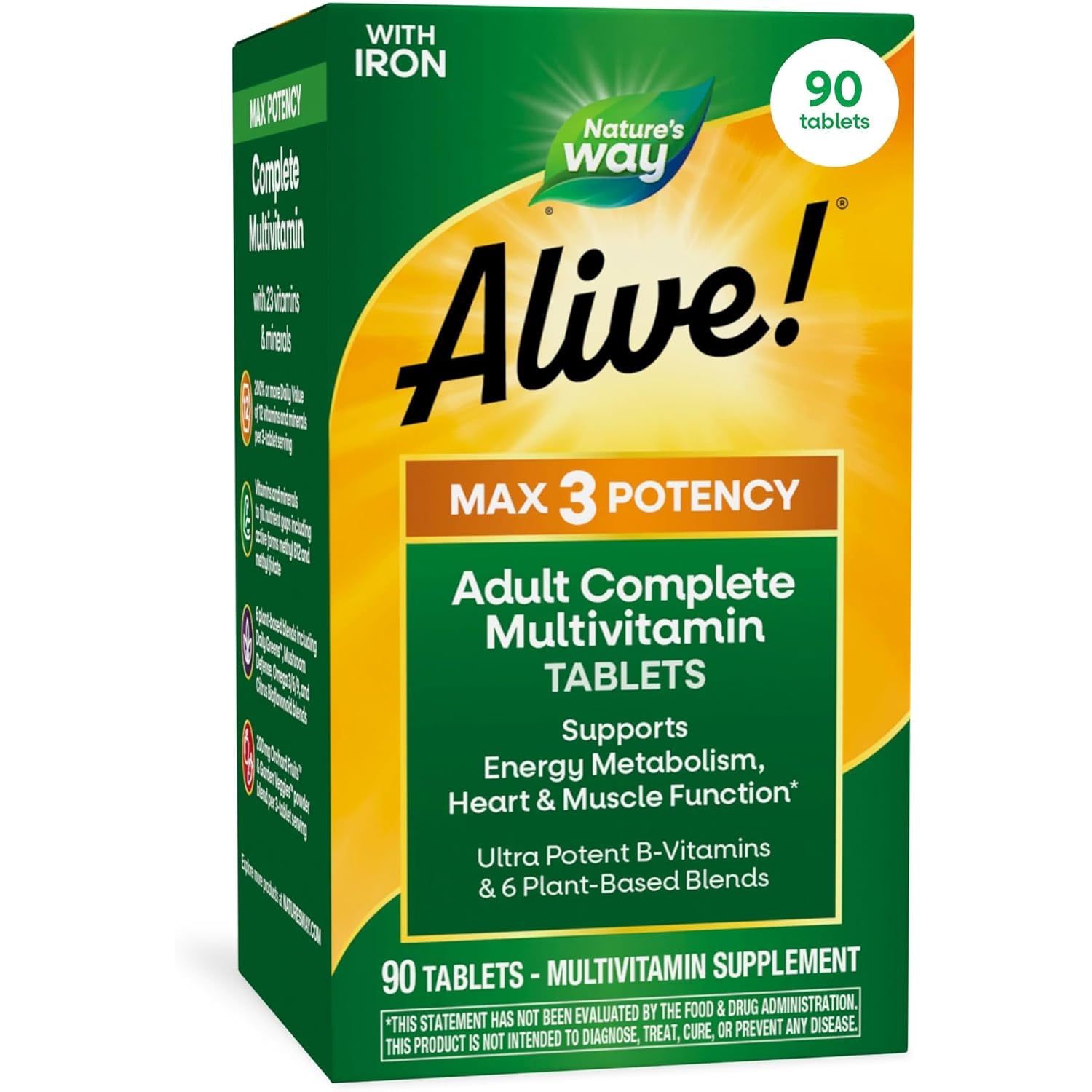 Nature'S Way Alive! Max3 Potency Daily Multivitamin with Iron, High Potency Adult Multivitamins to Support Cellular Energy Metabolism, Heart, and Muscle Function* for Women & Men, 90 Tablets