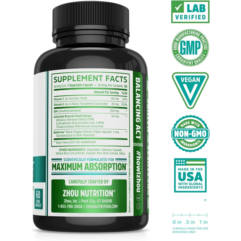 Zhou DIM Active - DIM Supplement, Hormone Balance for Women & Men, Hormonal Support with 250Mg Diindolylmethane - 60 Vegan Capsules