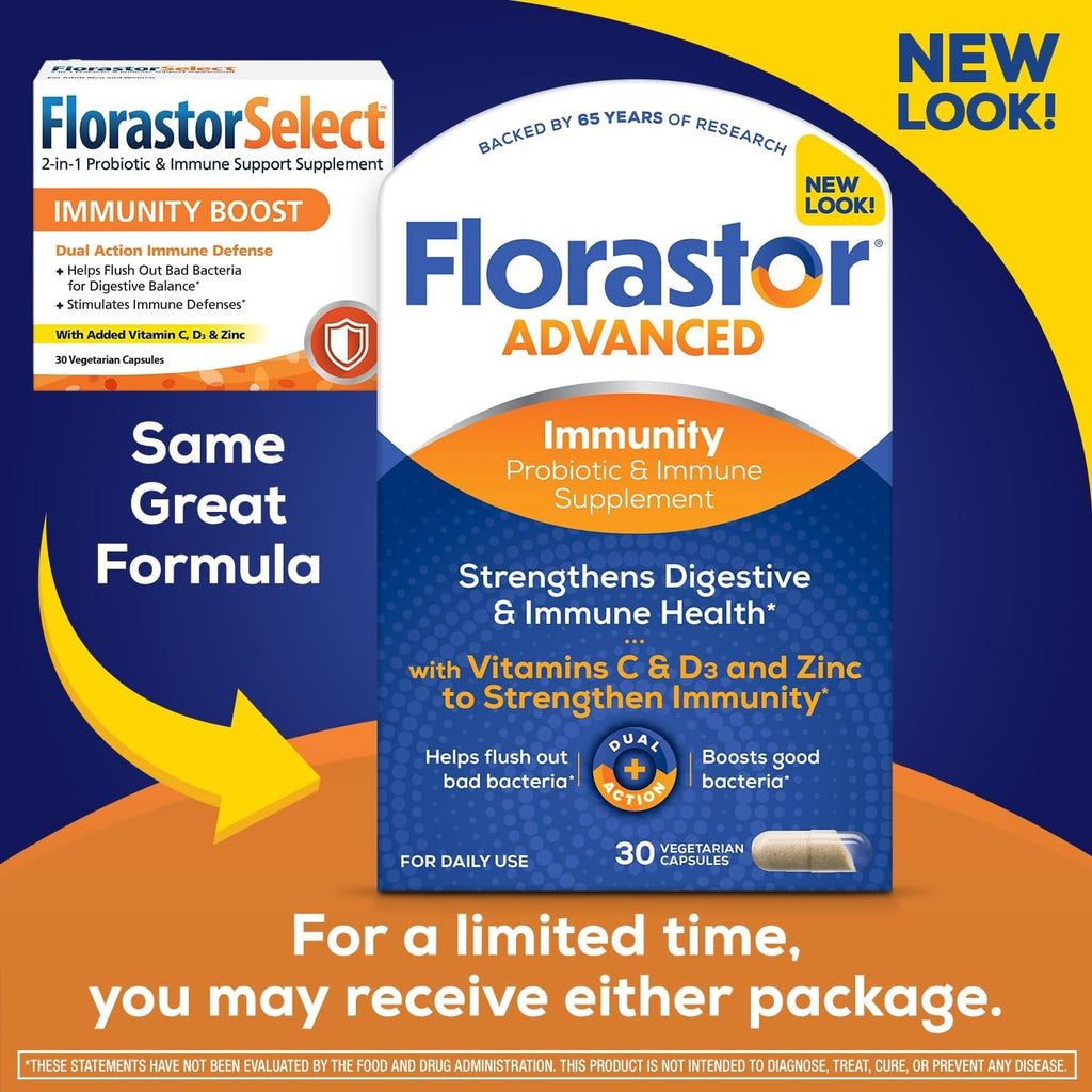 Florastor Advanced Immunity Boost Daily Probiotic & Immune Support Supplement for Women and Men, Saccharomyces Boulardii CNCM I-745 plus Zinc, Vitamin C & D3 (30 Capsules)