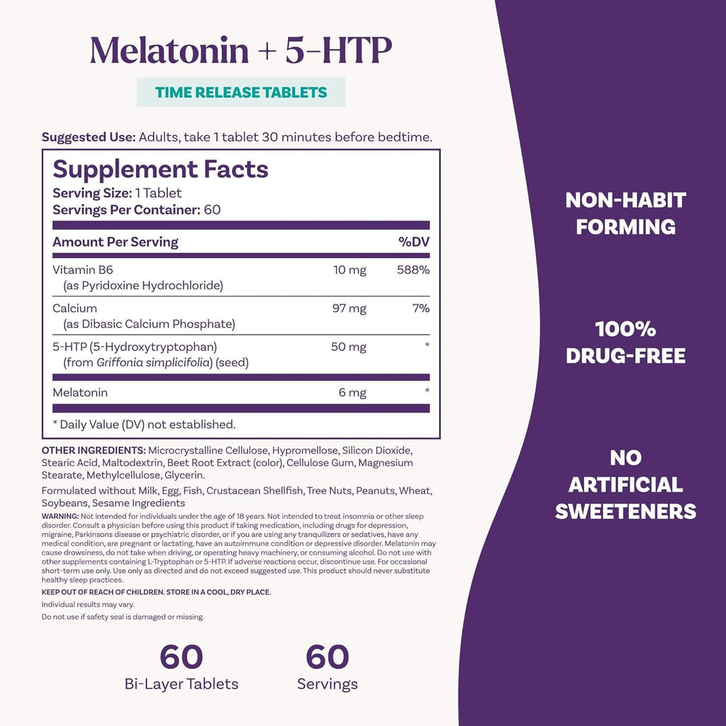 Natrol Melatonin + 5-HTP Time Release Sleep Aid, Triple Action Formula, Calm the Mind, Fall Asleep Faster and Stay Asleep Longer, 60 Bi-Layer Tablets, up to a 60 Day Supply