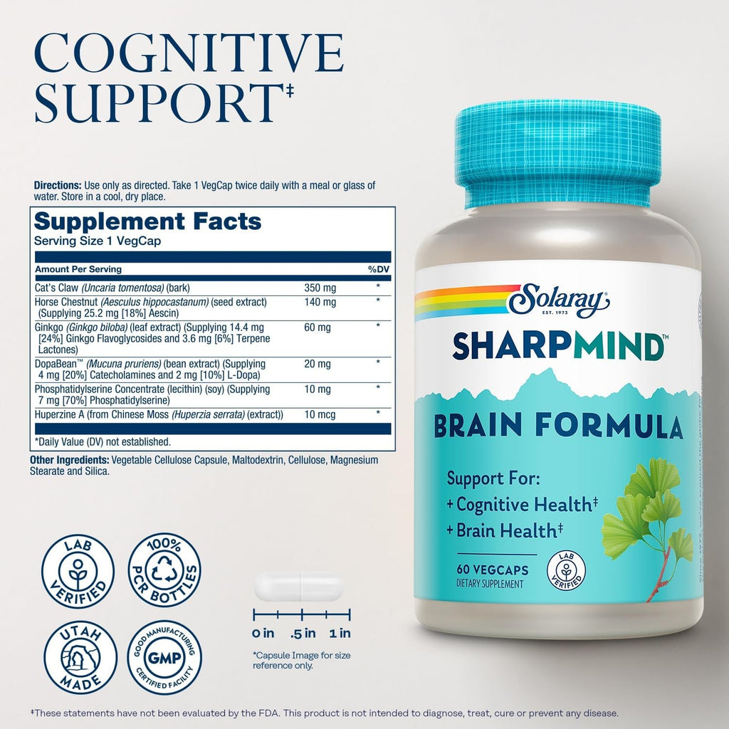 SOLARAY Sharpmind Brain Support Formula - Nootropic Brain Supplements - Cognitive and Brain Health Support with Ginkgo Biloba - 60-Day Guarantee, 60 Servings, 60 Vegcaps