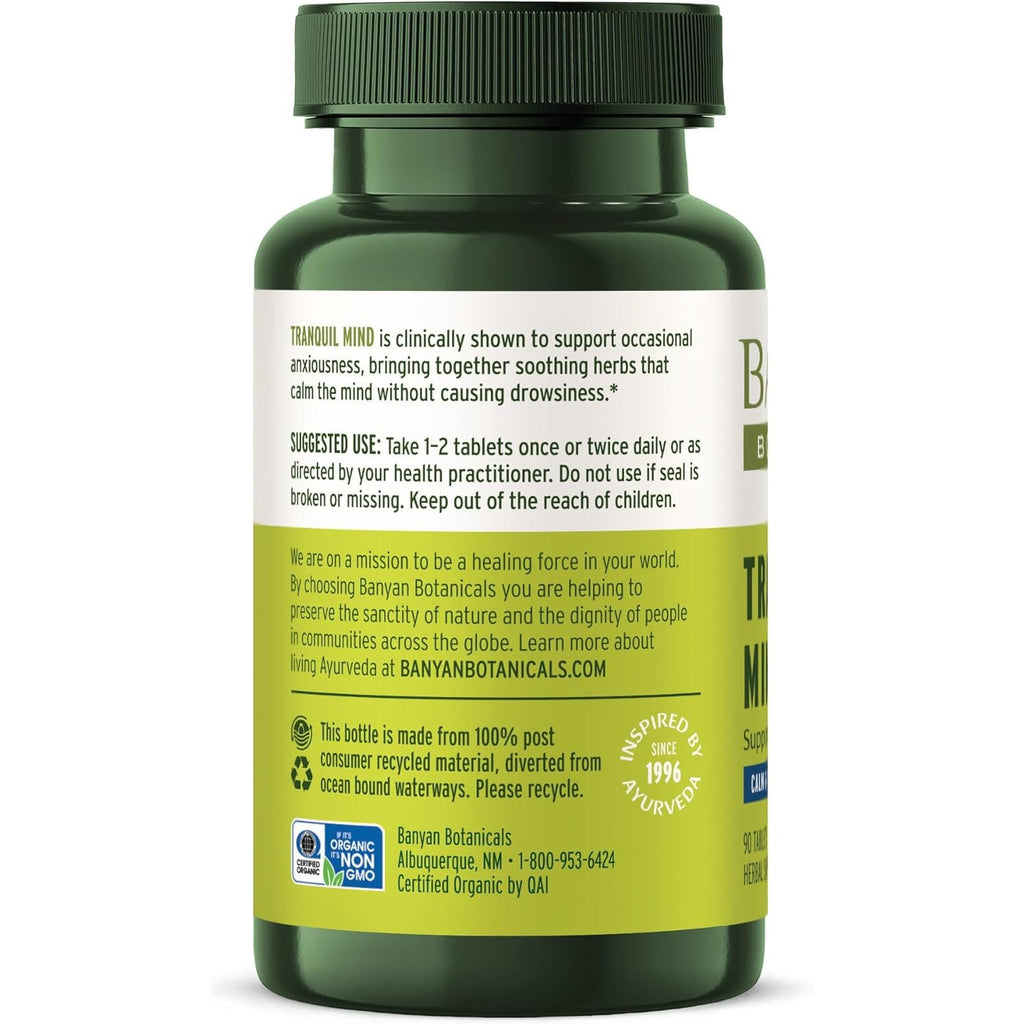 Banyan Botanicals Organic Tranquil Mind – Nervous System Support & Physical Relaxation Supplement – with Skullcap, Passionflower & Gotu Kola – Non-Drowsy Systemic Grounding – 90 Tablets – USDA Organic