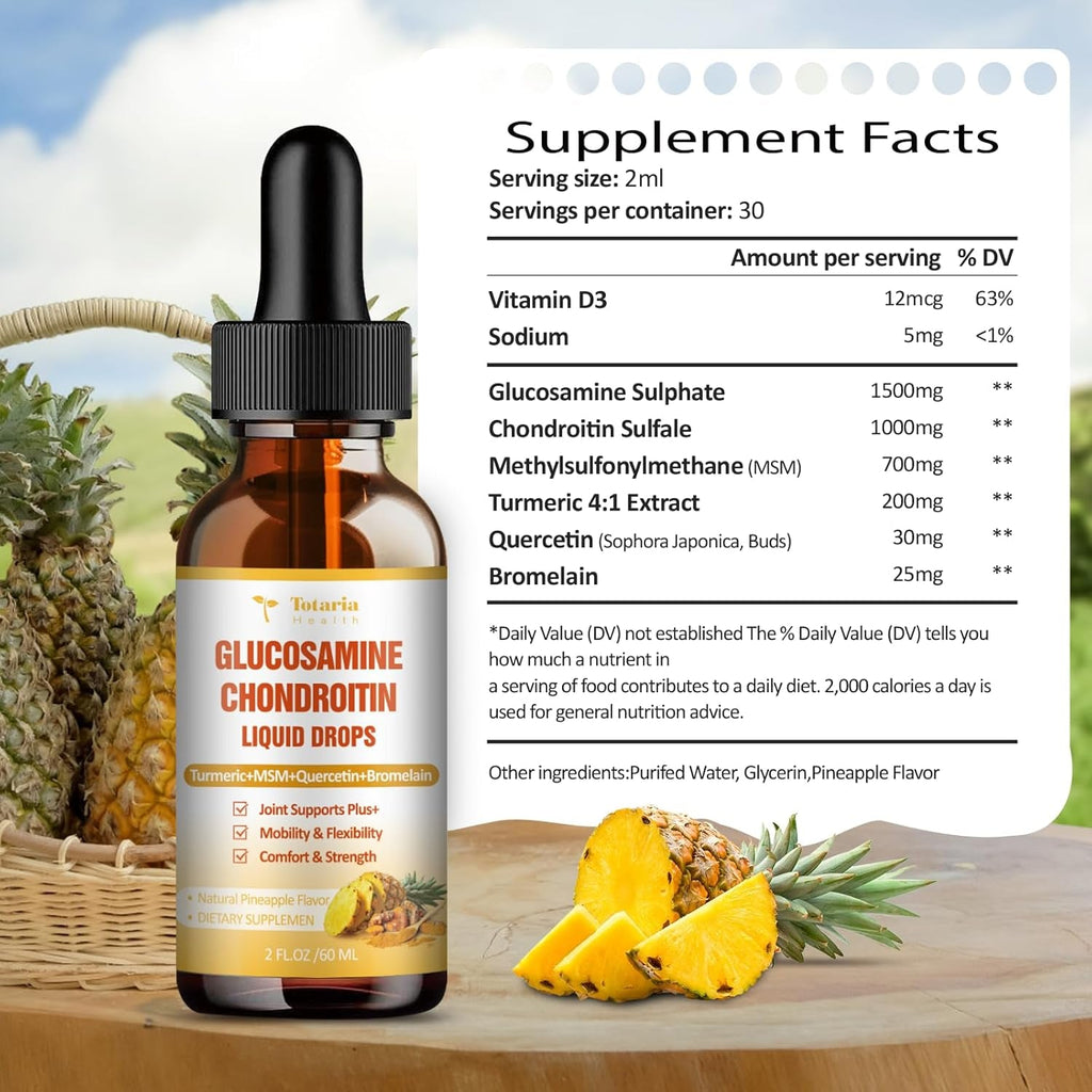 Glucosamine Chondroitin MSM Liquid Drops, Vitamin D3 - Joint Support Supplement for Mobility, Flexibility & Bones Chondroitin Sulfate Supplement Turmeric, Quercetin, Bromelain, MSM Oil 2 FL.OZ