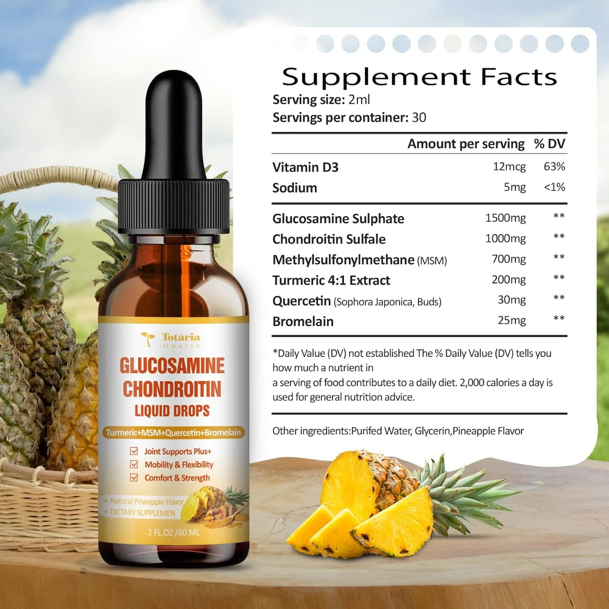 Glucosamine Chondroitin MSM Liquid Drops, Vitamin D3 - Joint Support Supplement for Mobility, Flexibility & Bones Chondroitin Sulfate Supplement Turmeric, Quercetin, Bromelain, MSM Oil 2 FL.OZ