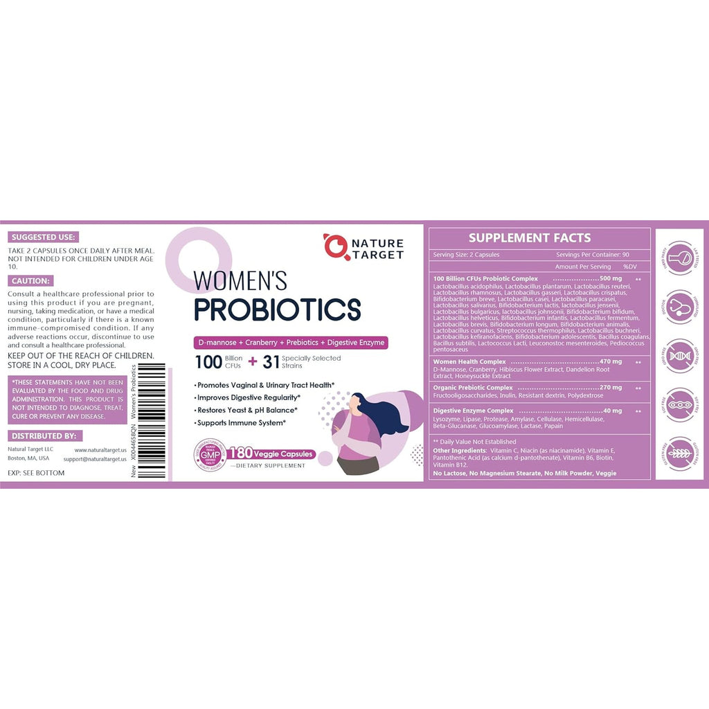 NATURE TARGET Probiotics for Women, 100 Billion Cfus Probiotic with Digestive Enzymes & Prebiotics, Vaginal Probiotics with Cranberry for Urinary Tract Health, Ph Balance, 180 Veggie Capsules
