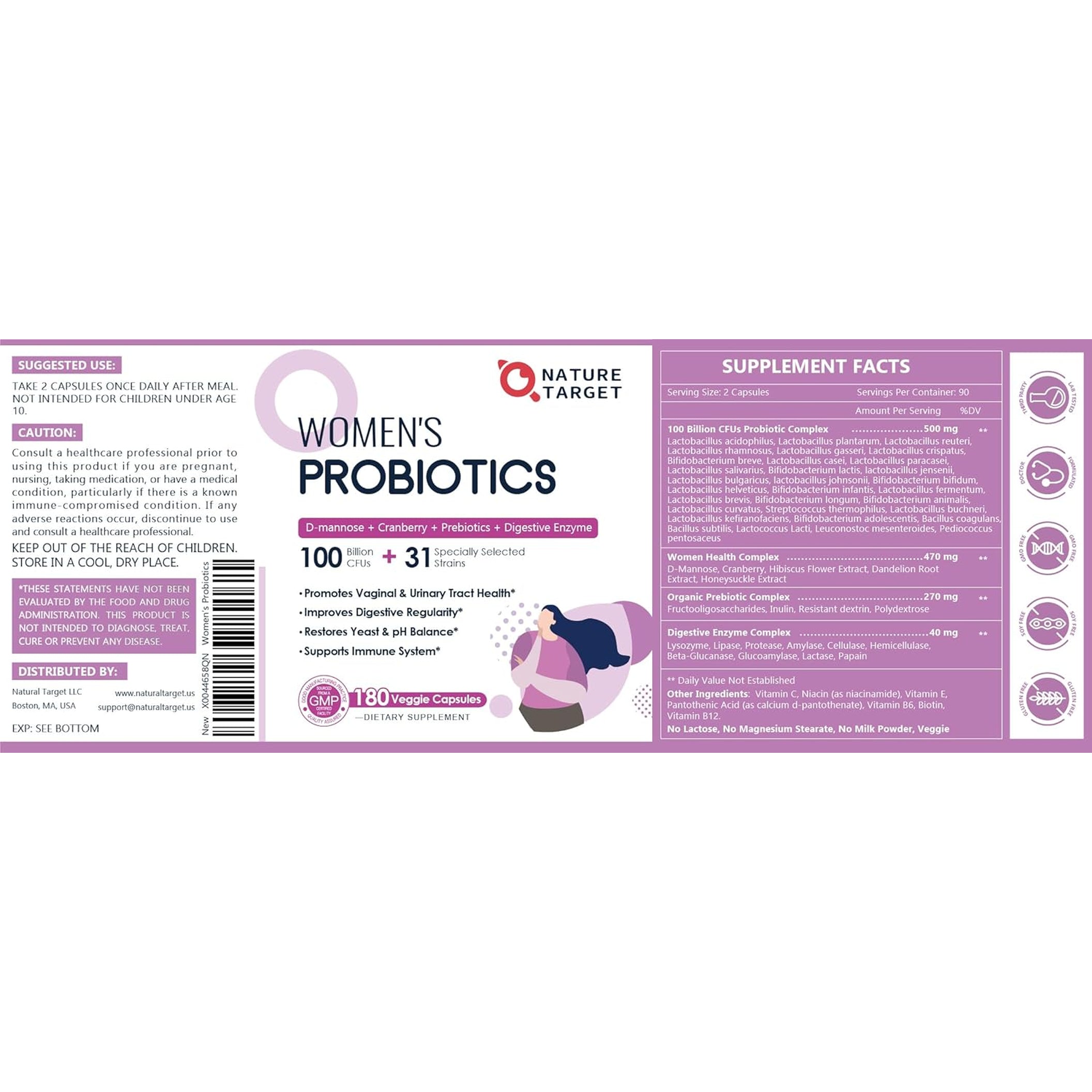 NATURE TARGET Probiotics for Women, 100 Billion Cfus Probiotic with Digestive Enzymes & Prebiotics, Vaginal Probiotics with Cranberry for Urinary Tract Health, Ph Balance, 180 Veggie Capsules