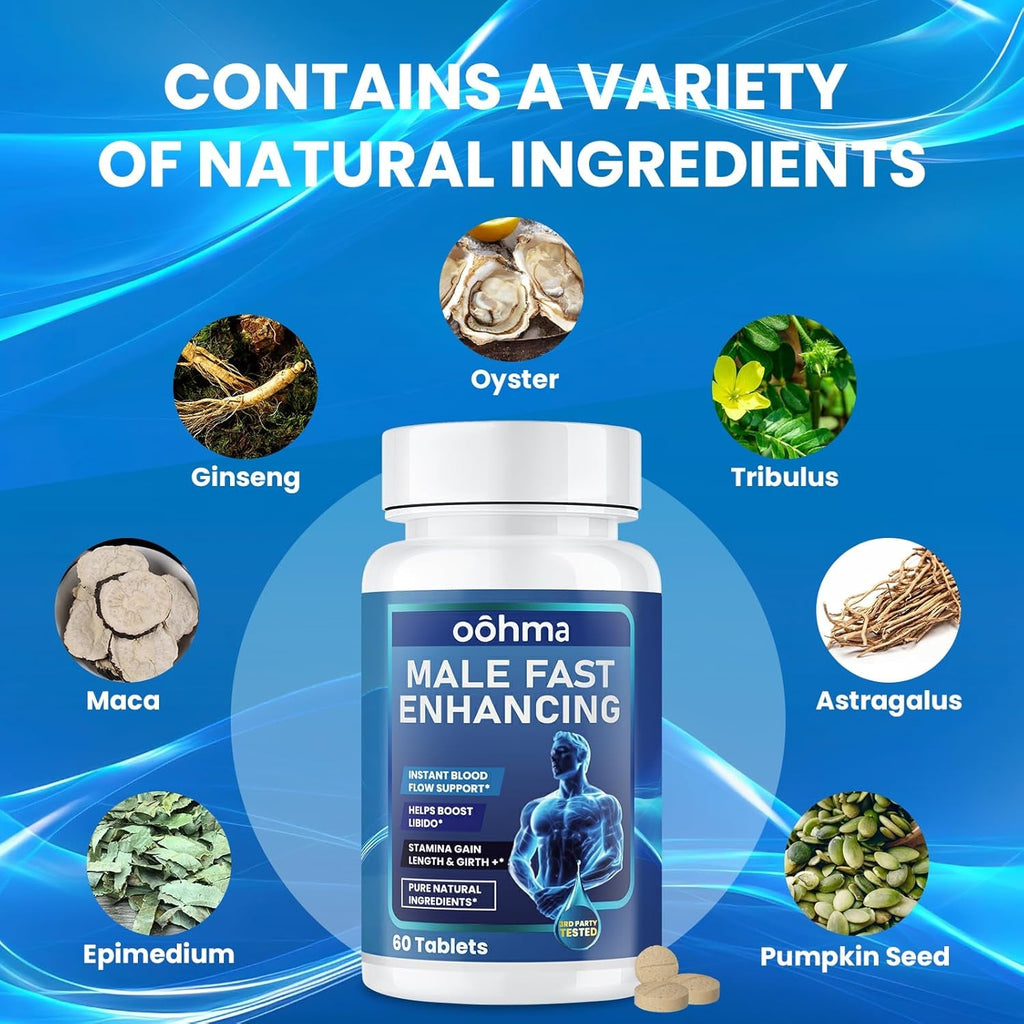 New Male Enhancing Supplement, Designed to Be Fast Acting for Blood Flow to Gain Length & Girth + Stamina, Maca, Epimedium, and Other Natural Ingredients, 3Rd Party Tested Supplement 60 Tablets