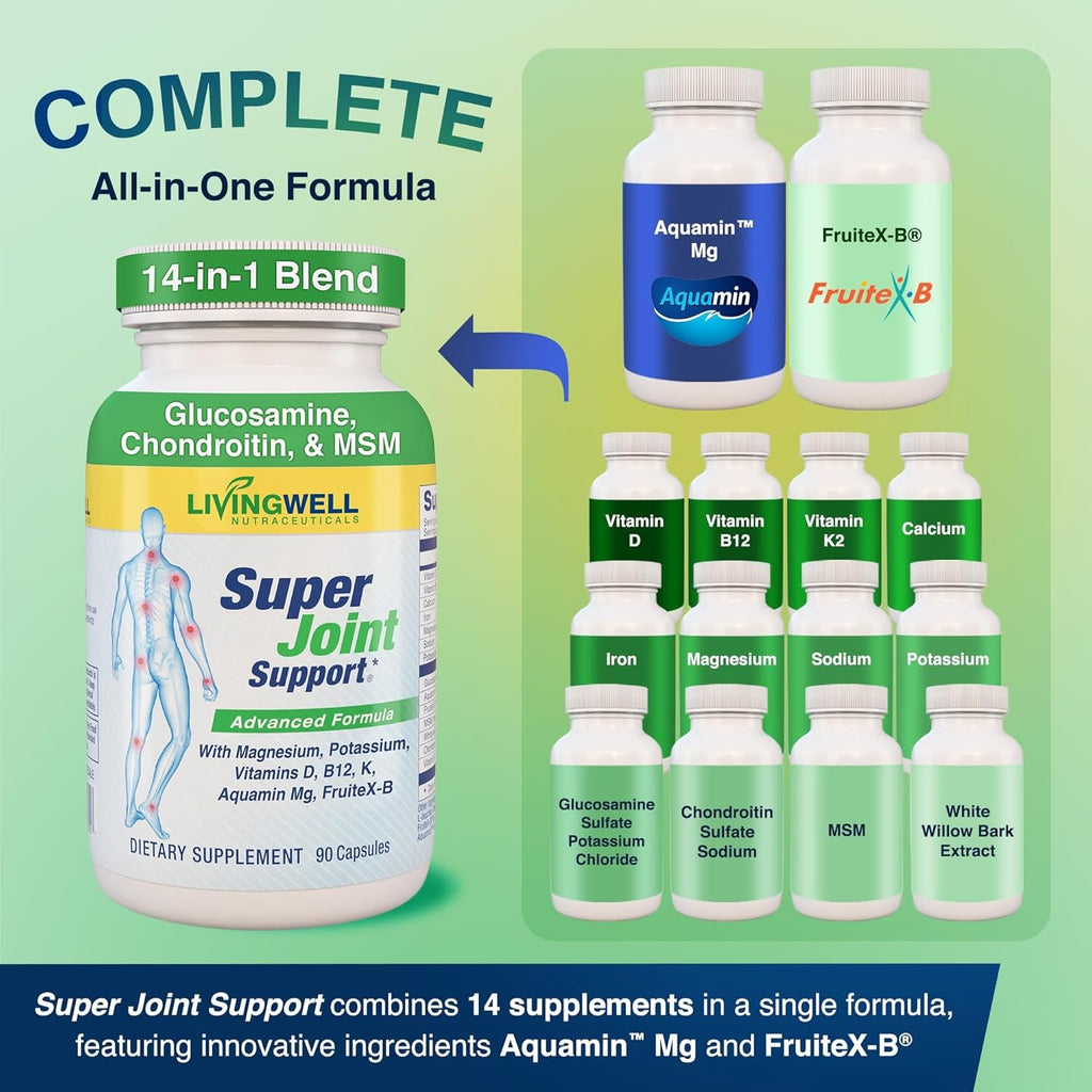 SUPER JOINT SUPPORT Glucosamine Chondroitin & MSM for Bone & Muscle Health - Joint Supplement for Men & Women with Vitamin D, B12, Magnesium, Potassium & Calcium - All in One Support - 90 Capsules