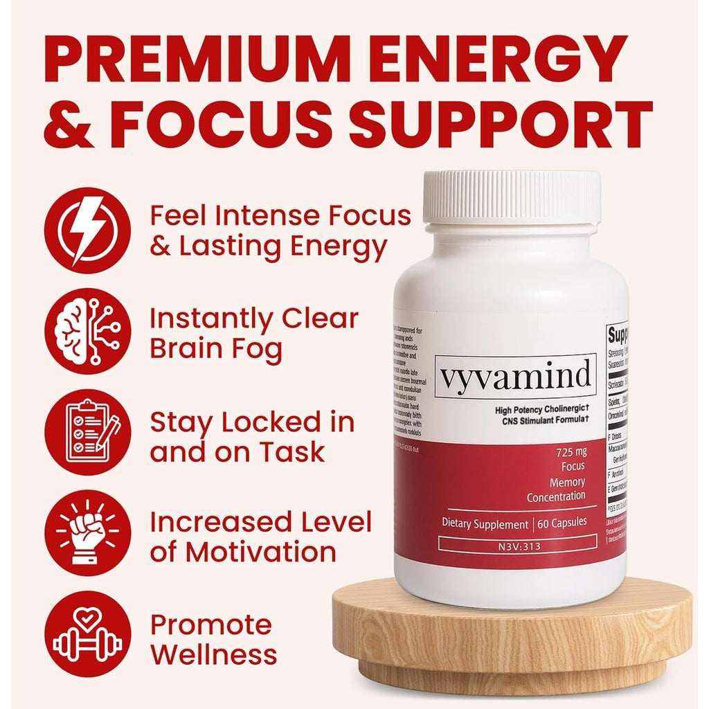 Vyvamind Cognitive Stimulant & Focus Aid Nootropic for Enhanced Concentration & Mental Clarity, Brain Supplement for Concentration, Fast-Acting Productivity Boost, 60 Capsules