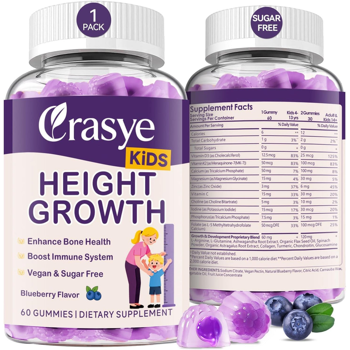 Height Growth Gummies for Kids & Teens - Calcium, Vitamin D3 + K2, Zinc, Magnesium, L-Arginine - Teen Multivitamin Gummies for Children Bone Strength and Immunity - 60 Gummies