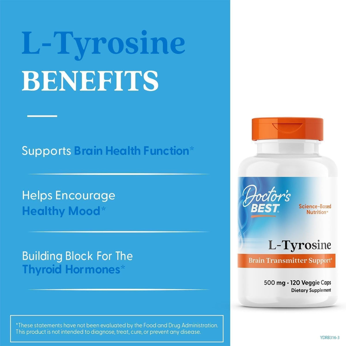 Doctors Best L Tyrosine Supplement for Men & Women - L-Tyrosine 500Mg Capsules, Brain Support for Adults, Amino Acid Support 500 Mg, Precursor for Thyroxine Production by Thyroid - 120 Veg Caps