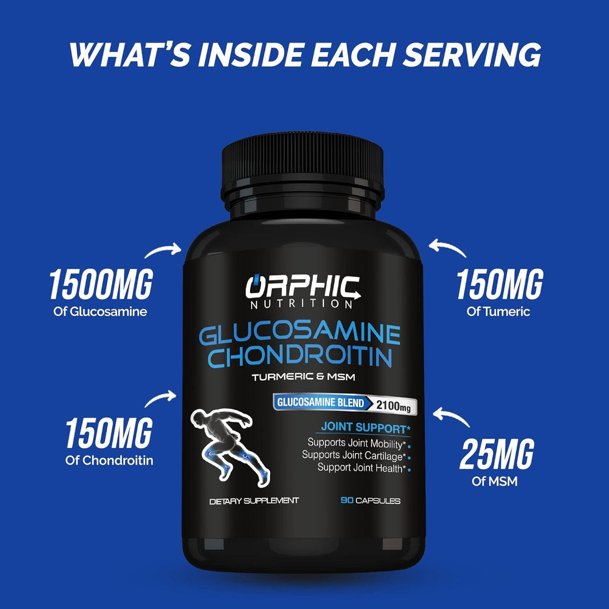 ORPHIC NUTRITION Glucosamine Chondroiting MSM 2100MG (90 Caps) - Joint Support Supplement for Men & Women* - Supports Joint Cartilage & Mobility