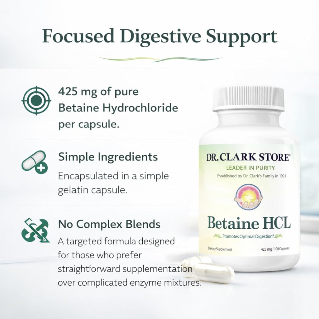 Dr. Clark Betaine HCL Digestive Enzymes - Acid Reflux Medicine, Hydrochloric Acid Protein Supplement, Optimal Digestion Formula, 100 Gelatin Capsules, 425 Mg