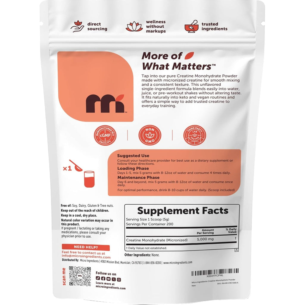Micro Ingredients Creatine Monohydrate Powder 1 Kg (2.2 Lbs), 5000Mg per Serv, Micronized Creatine Powder, Unflavored, No Filler, Keto & Vegan, Easy Dissolve, Pre Workout for Women & Men*