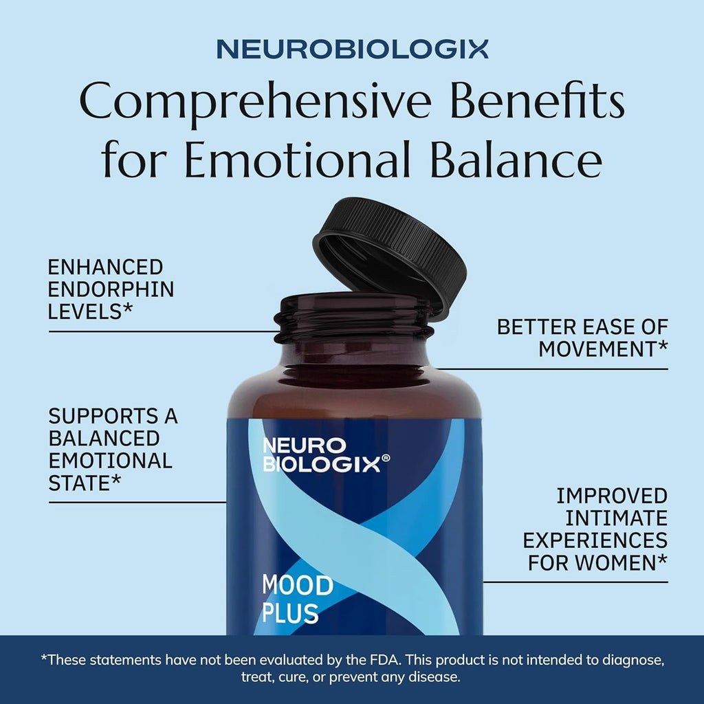 Neurobiologix Mood plus for Men and Women, Mood & Stress Support Supplement with GABA, 5-HTP, Ashwagandha, Magnesium & Chamomile for Emotional Balance, Relaxation & Serotonin Support, 60 Capsules