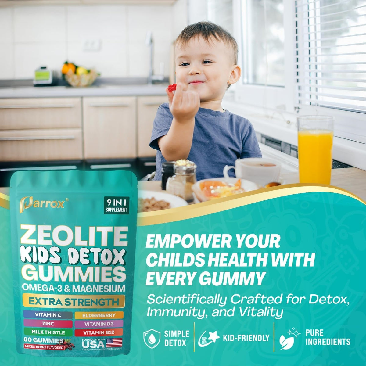Zeolite Kids Gummies, 9-In-1 with Zeolite, Omega-3, Magnesium, Elderberry, Vitamin C, Milk Thistle, Vitamin D3, Zinc, B12 – Sugar-Free (60 Gummies – Mixed Berry Flavor)