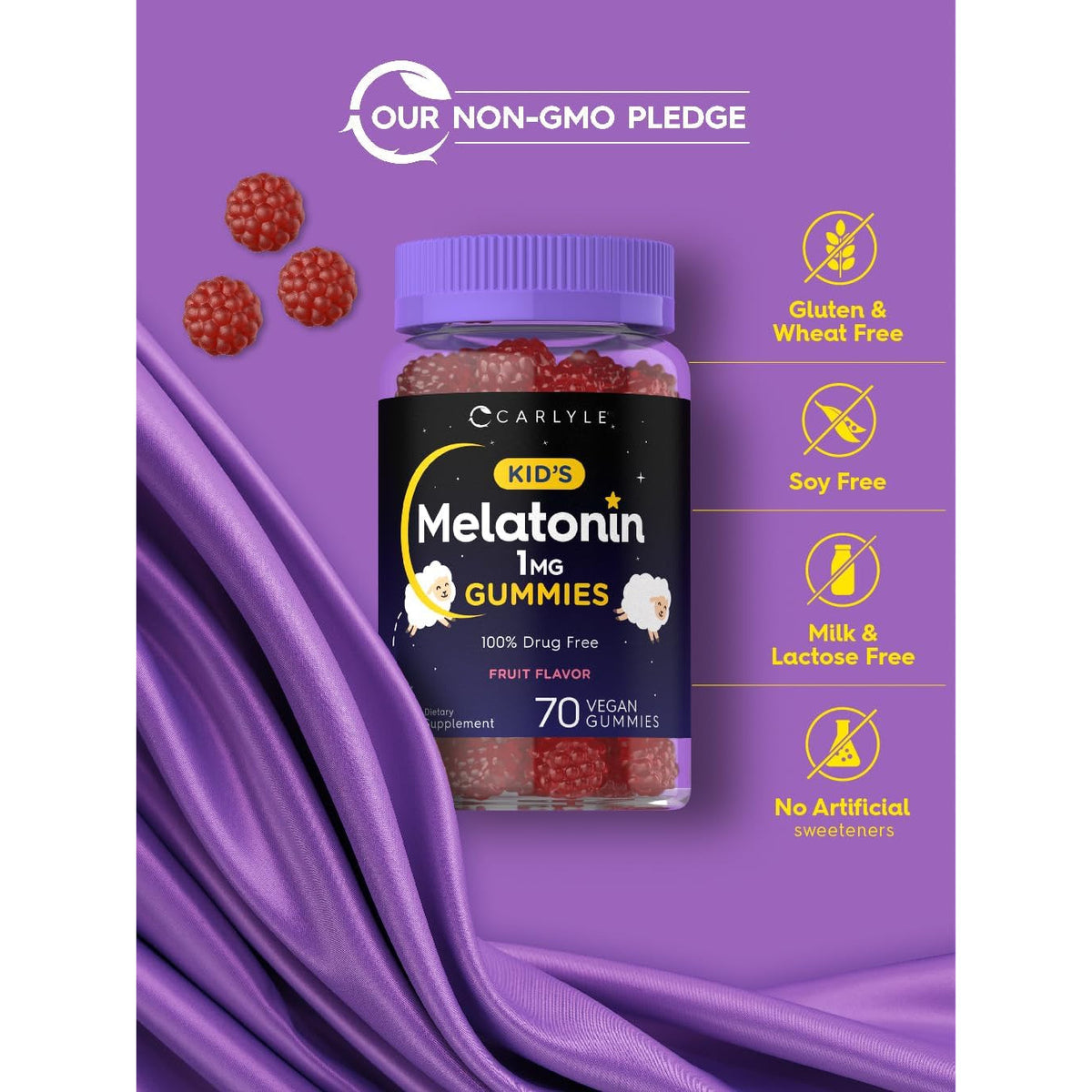 Carlyle Kids Melatonin Gummies | 1 Mg 70 Count | Fruit Flavor Gummy | Vegan, Non-Gmo, Gluten Free