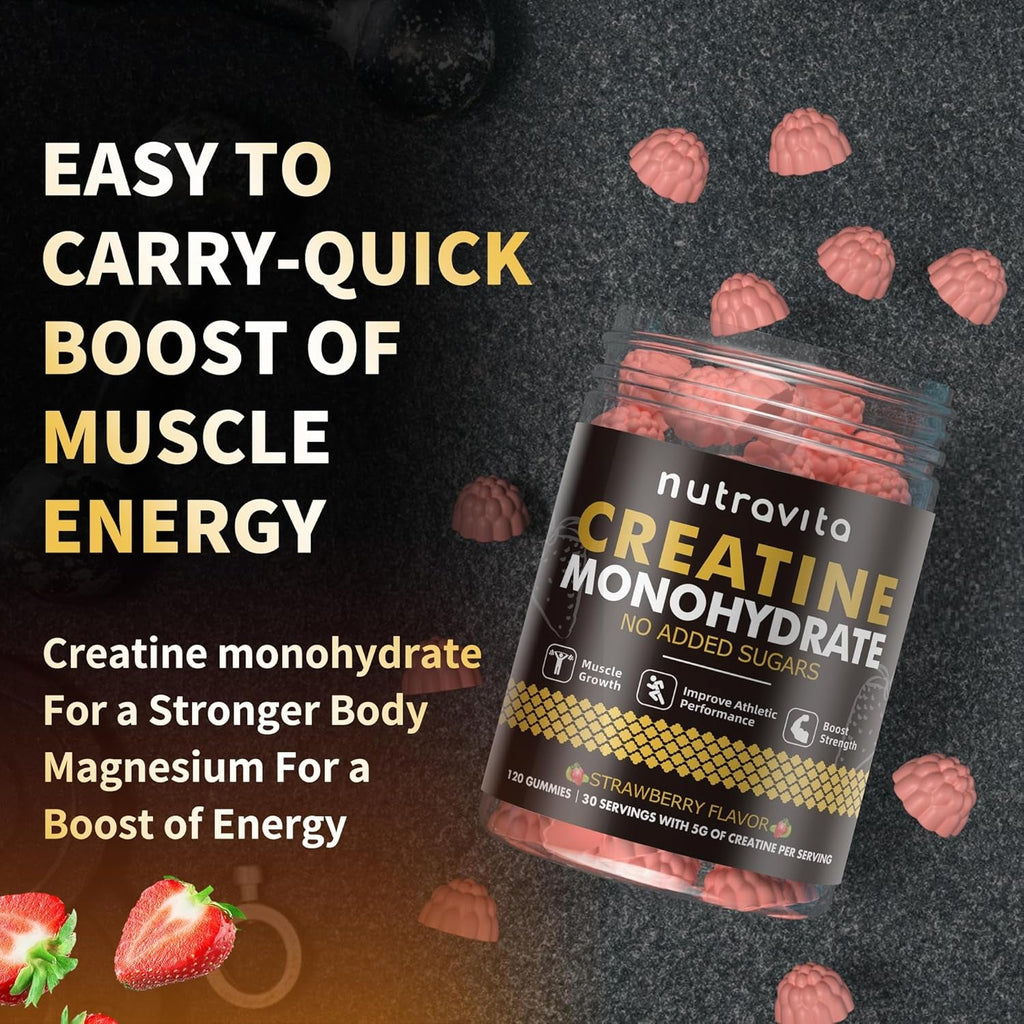 Nutravita NSF Certified Creatine Gummy - Creatine Monohydrate Gummies for Men & Women-5G of Creatine Monohydrate per Serving - Sugar Free,Vegan, Strawberry Flavor, 120 Count
