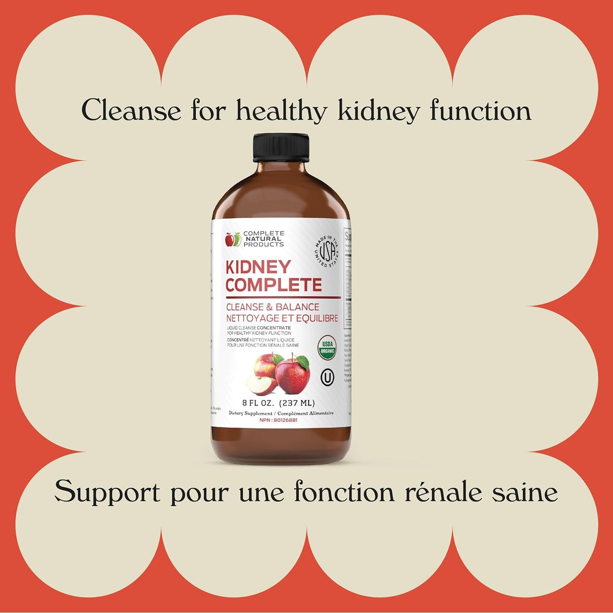 Complete Natural Products Kidney Complete - 8Oz Organic Liquid for Kidney Support, Cleanse, and Detox with Apple Cider Vinegar, Lemon, & Organic Chanca Piedra.