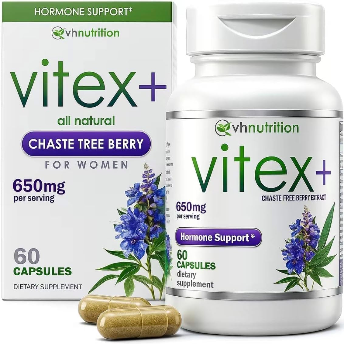 VH Nutrition VITEX+ | Vitex Chasteberry Supplement for Women | Hormonal Balance* and Fertility Support* | 650Mg per Serving of Vitex Berry Extract Powder | 60 Capsules