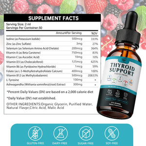 Thyroid Support for Women & Men Liquid Drops.Thyroid Supplement Drops with Selenium Zinc Iodine L-Tyrosine Ashwagandha for Energy & Metabolism Support, Hormone Balance,Vegan，Additives Free - 2 Fl. Oz