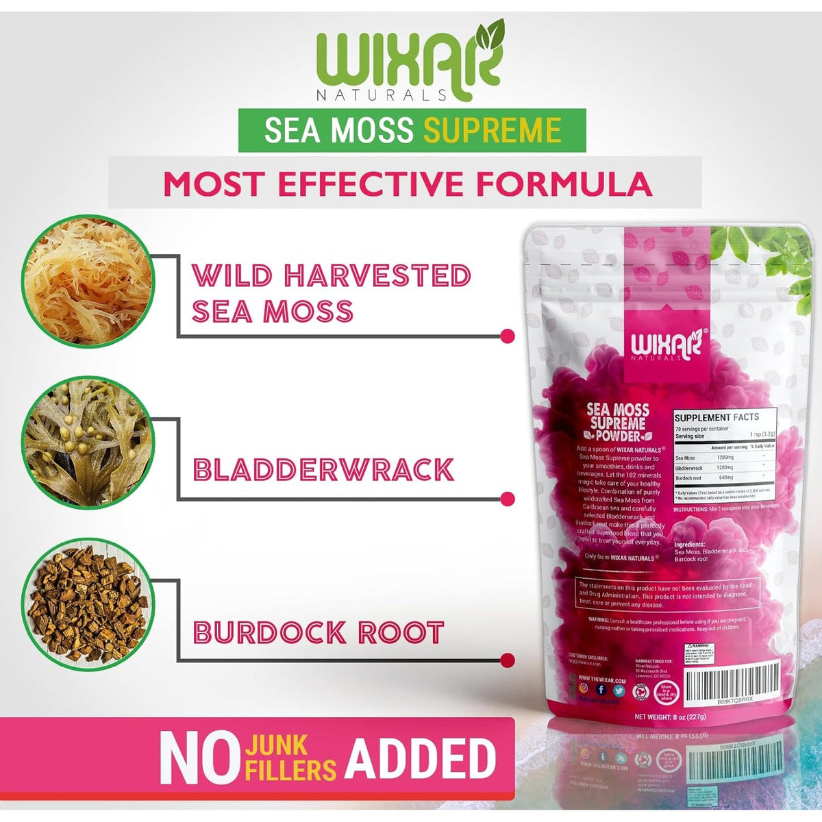 Wixar Wildcrafted Sea Moss Powder – (8 Ounces) – Natural Irish Sea Moss and Bladderwrack with Burdock Powder - Thyroid Support, Healthy Skin, Keto Detox, Joint Support Alkaline Supplements
