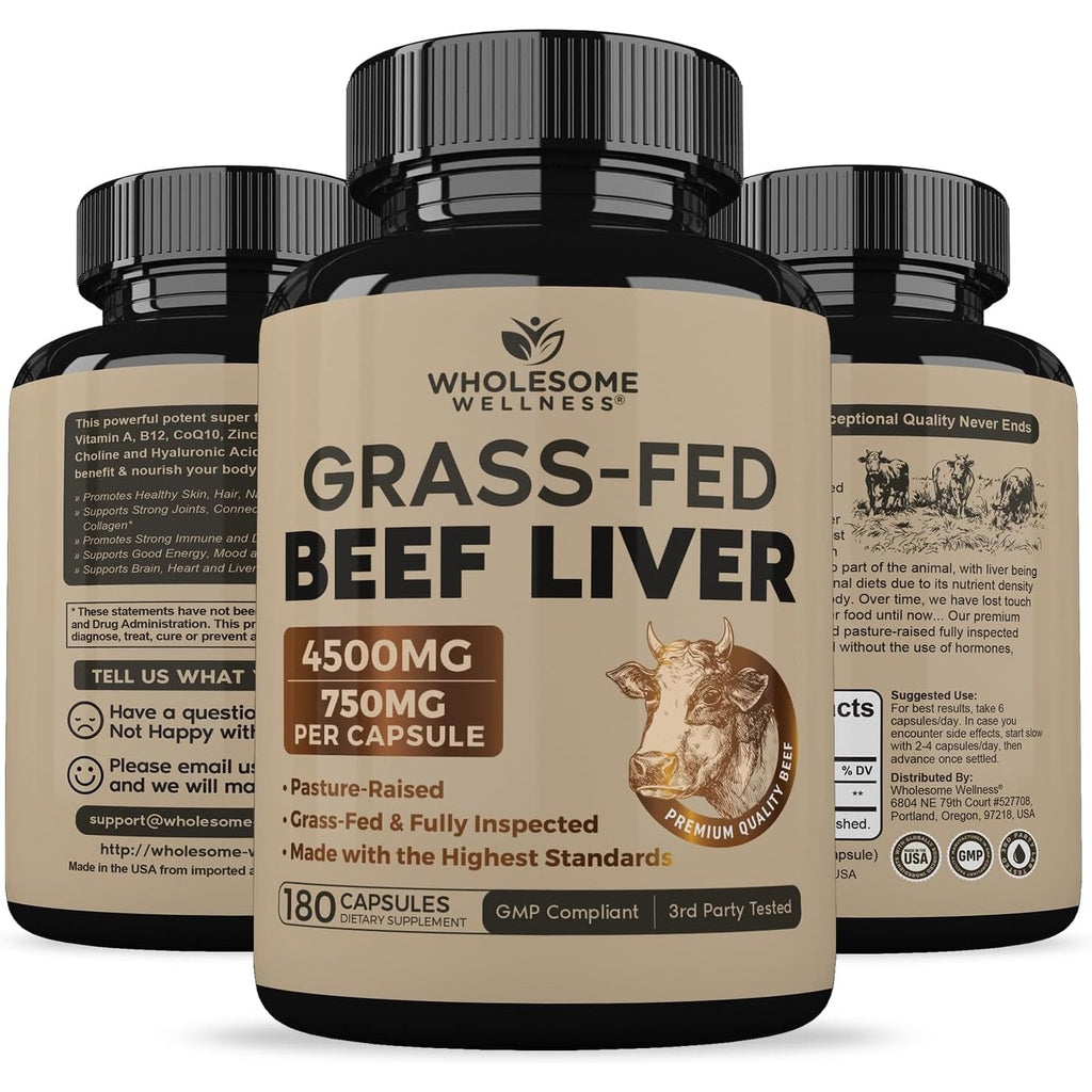 Wholesome Wellness Grass Fed Desiccated Beef Liver Capsules (180 Pills, 750Mg Each) - Natural Iron, Vitamin A, B12 for Energy - Raised Undefatted in New Zealand without Hormones or Chemicals